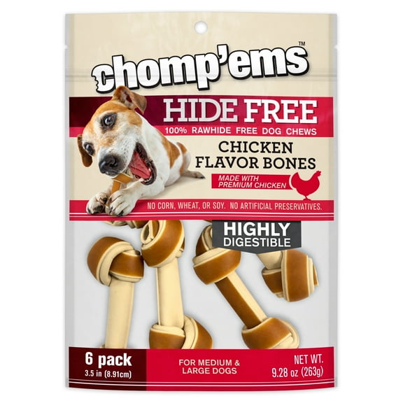 Chomp 'ems Chicken Hide Free Dog Chews - Rawhide Free Dog Treats - No Hide Alternative Chew Treat for All Life Stages, Bone, 3.5", 6 Count