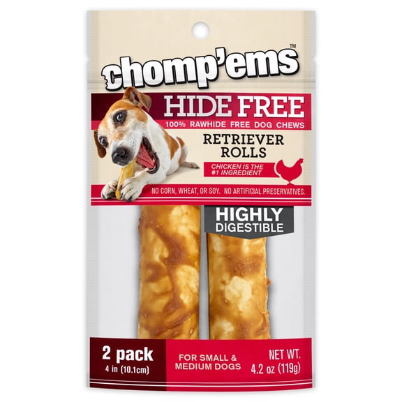 Chomp 'ems Chicken Hide Free Dog Chews - Rawhide Free Dog Treats - No Hide Alternative Chew Treat for All Life Stages, Roll, 4", 2 Count