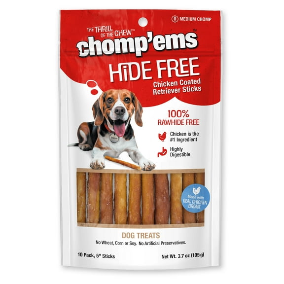 Chomp 'ems Chicken Hide Free Dog Chews - Rawhide Free Dog Treats - No Hide Alternative Chew Treat for All Life Stages, Stick, 5in, 10 Count