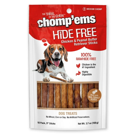Chomp 'ems Chicken & Peanut Butter Hide Free Dog Chews - Rawhide Free Dog Treats - No Hide Alternative Chew Treat for All Life Stages, 5 inch, 10 Count