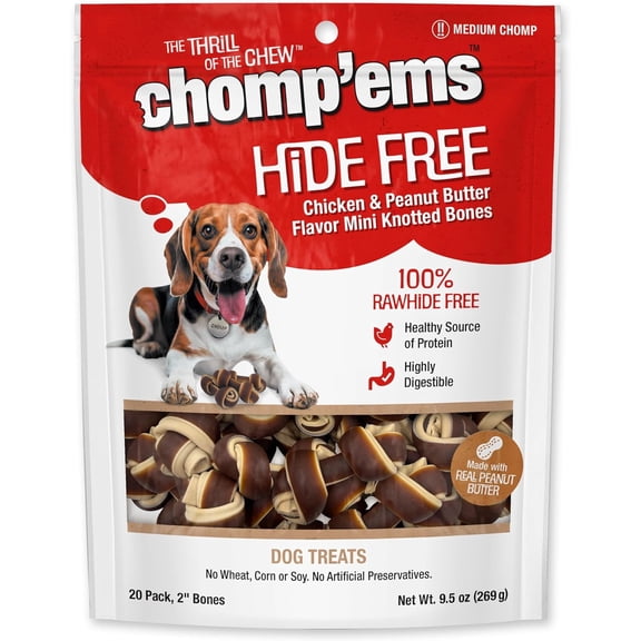 Chomp 'ems Chicken & Peanut Butter Hide Free Dog Chews - Rawhide Free Dog Treats - No Hide Alternative Chew Treat for All Life Stages, Bones, 2", 20 Count