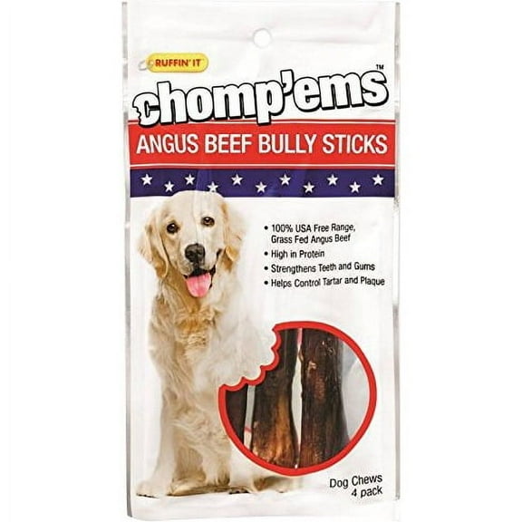 Chomp'ems Naturally Delicious Bully Sticks - Long Lasting No Hide Dog Chews - No Artificial Flavors, Colors, Or Preservatives - Protein Rich Alternative to Rawhide, 4 Pack