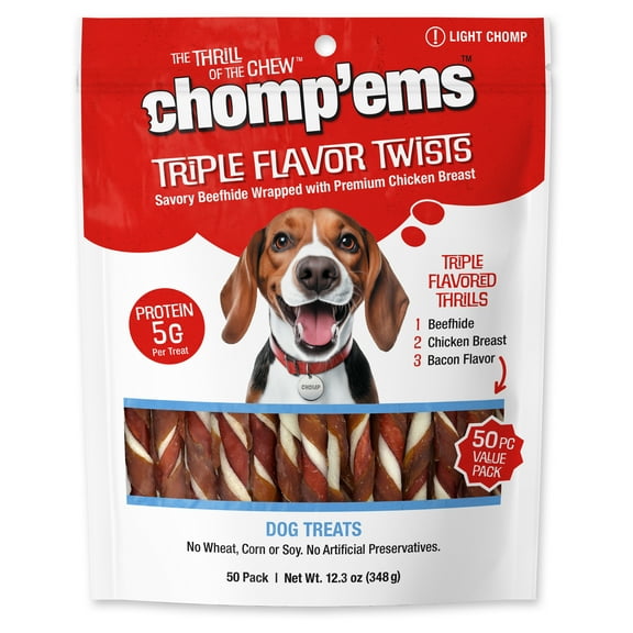 Chomp 'ems Triple Flavor Rawhide Twist Sticks - Beefhide Dog Chew - Treat for Dogs, 50 Count