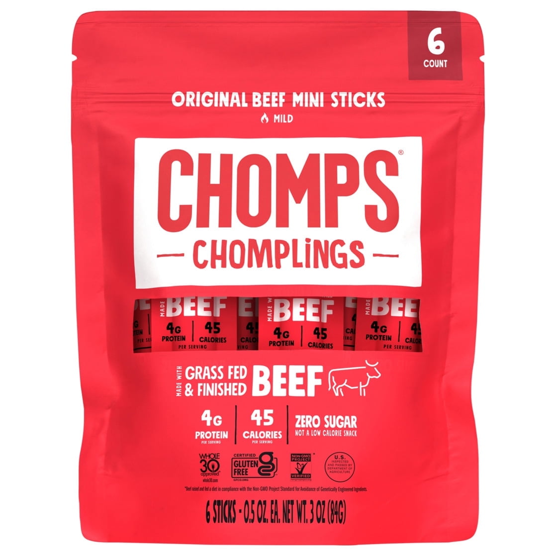 Chomplings Original Beef Mini Jerky Meat Sticks, 4g of Protein (6 Count) - 3 Pack