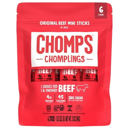 Chomplings Original Beef Mini Jerky Meat Sticks, 4g of Protein (6 Count) - 3 Pack