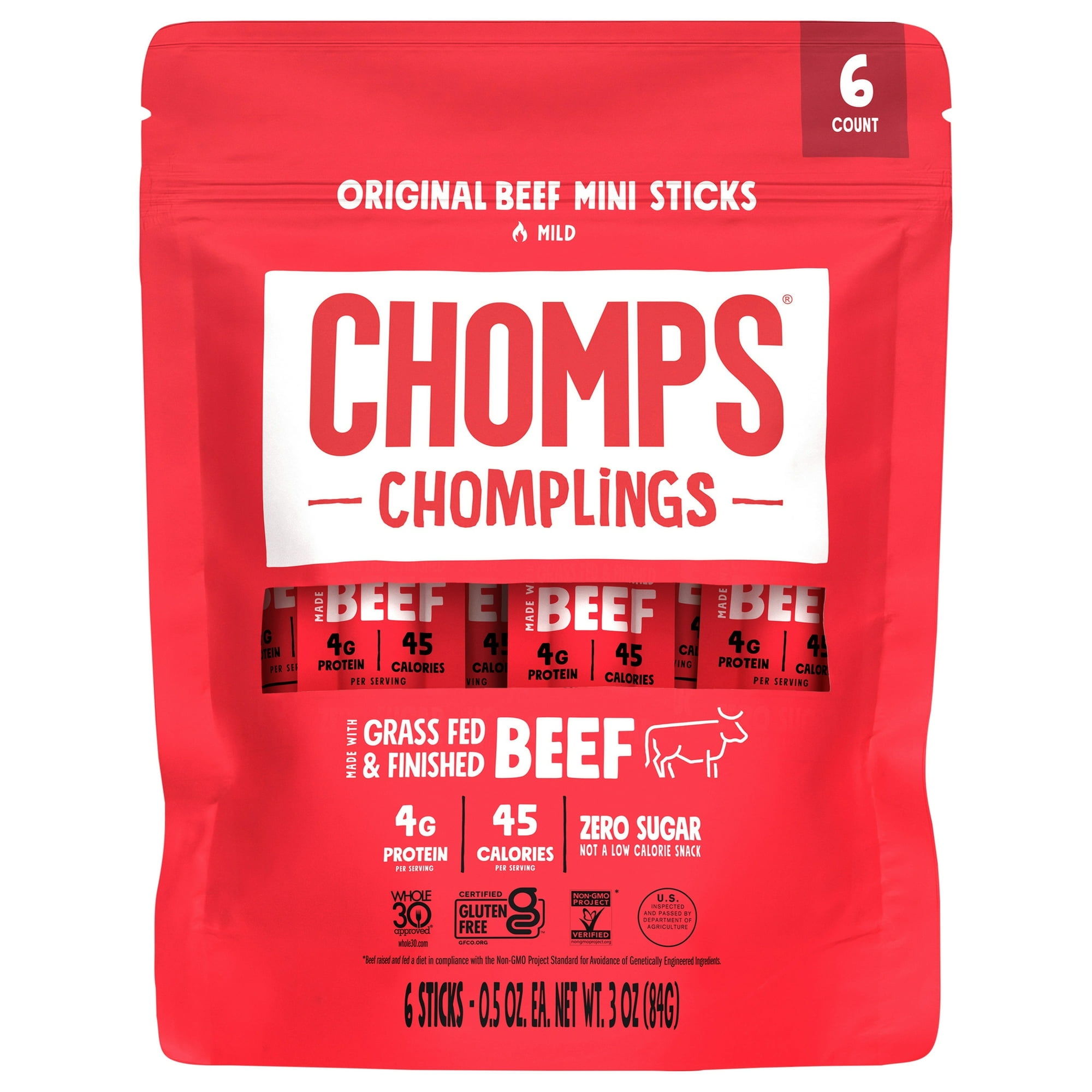 Chomplings Original Beef Mini Jerky Meat Sticks, 4g of Protein (6 Count), Certified Gluten Free and Free From Top 9 Allergens
