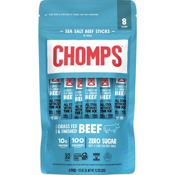 Chomps 10g Protein Sea Salt Beef Jerky Meat Sticks, 9.2 oz (Pack of 2)
