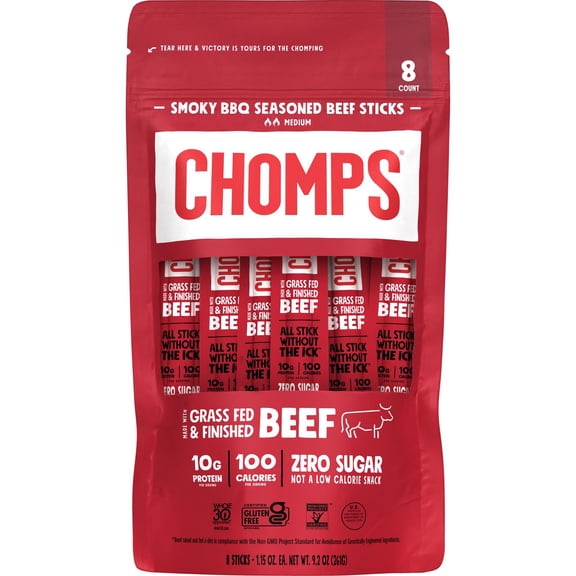 Chomps 10g Protein Smoky BBQ Beef Jerky Meat Sticks, 8 ct, 9.2 oz (Pack of 4)
