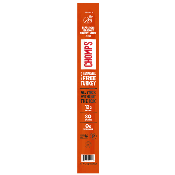 Chomps Antibiotic Free Pepperoni Turkey Stick 1.15oz, Certified Gluten Free and Free From Top 9 Allergens