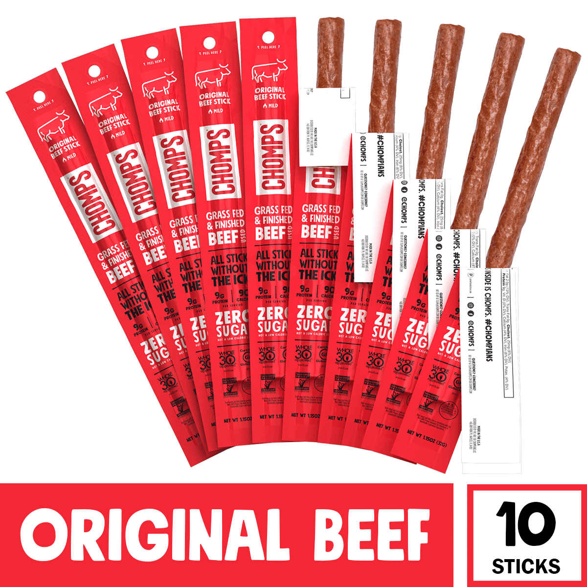 Chomps Beef Jerky Sticks, Original Beef, High Protein, Gluten Free, Sugar Free, Whole 30 Approved, 10ct 1.15oz