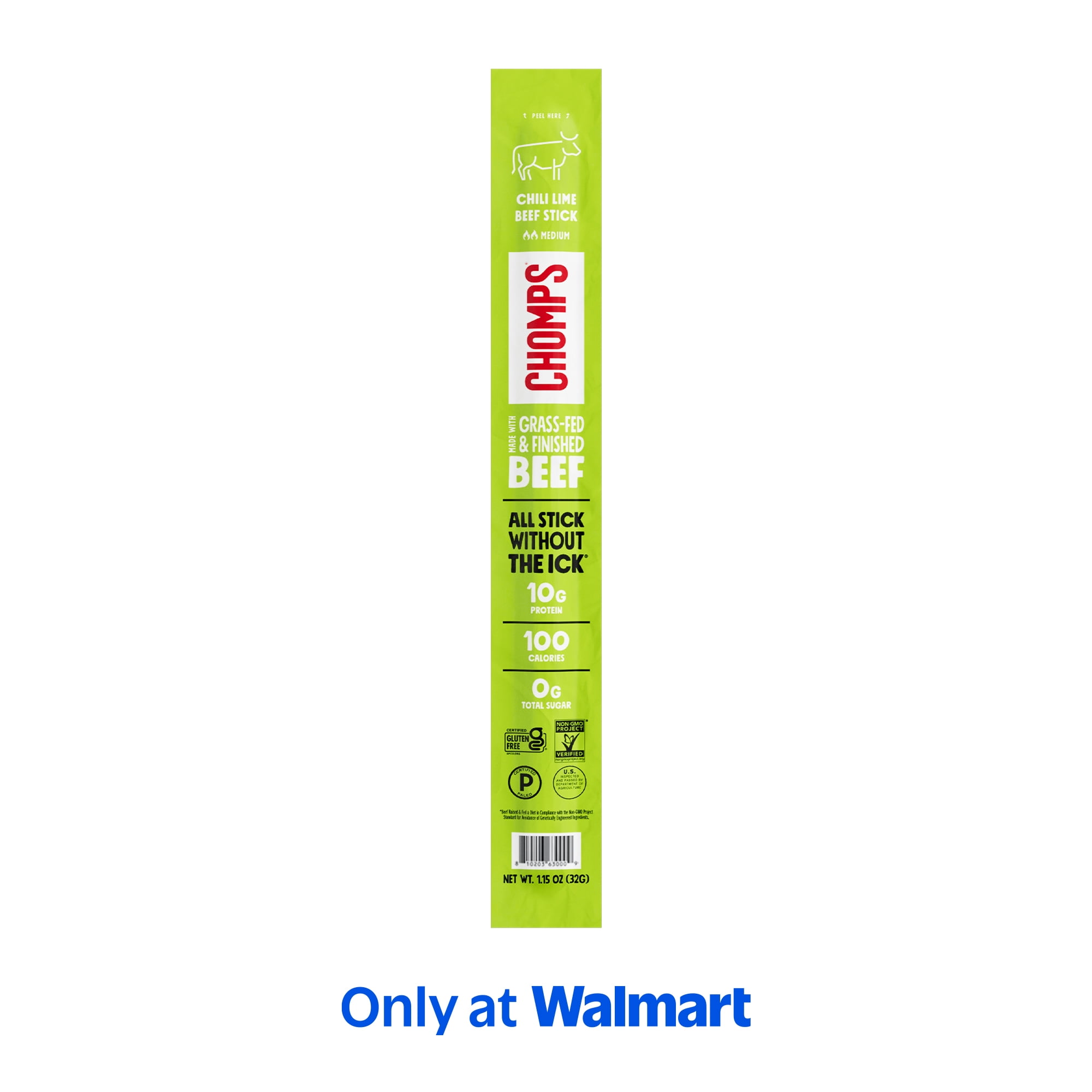 Chomps Grass-Fed and Finished Chili Lime Beef Jerky Stick (1.15oz Stick)