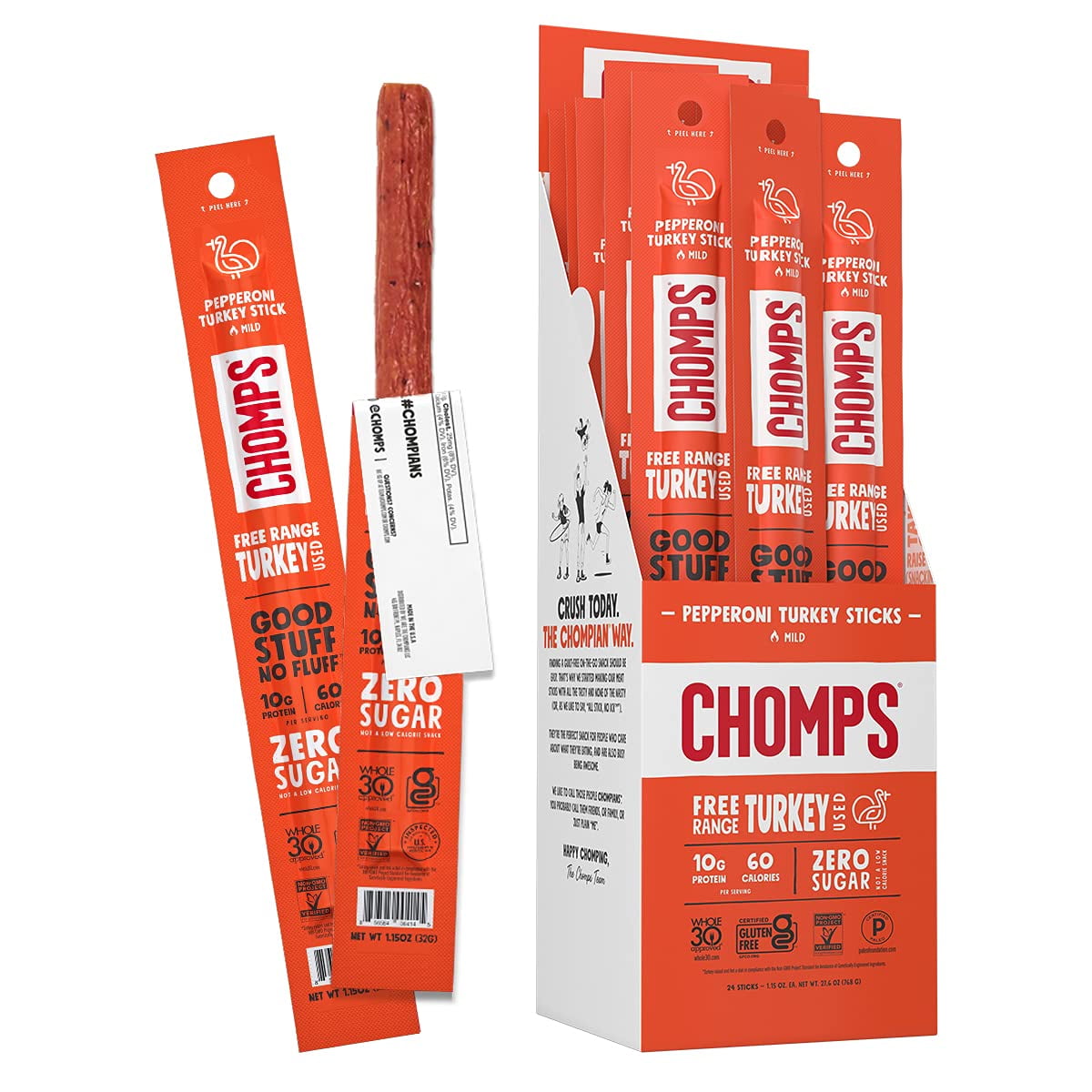 Chomps Free Range Pepperoni Turkey Jerky Meat Snack Sticks, Keto, Paleo