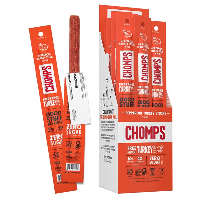 Chomps Free Range Pepperoni Turkey Jerky Meat Snack Sticks, Keto, Paleo