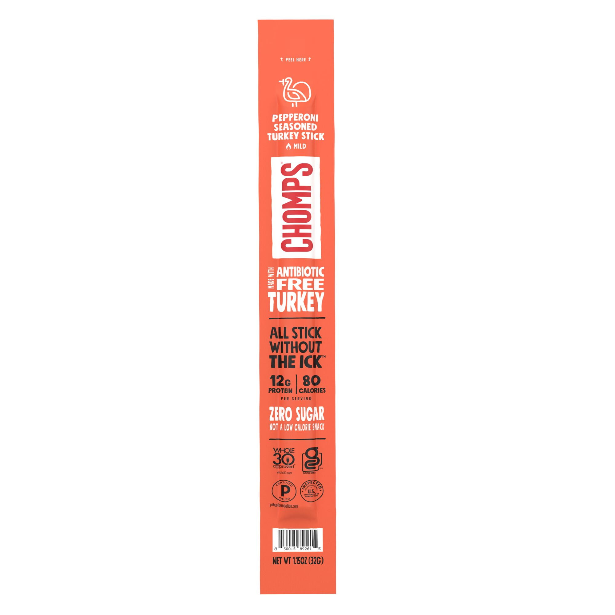 Chomps Free Range Turkey Pepperoni Jerky Sticks, Gluten Free Snack