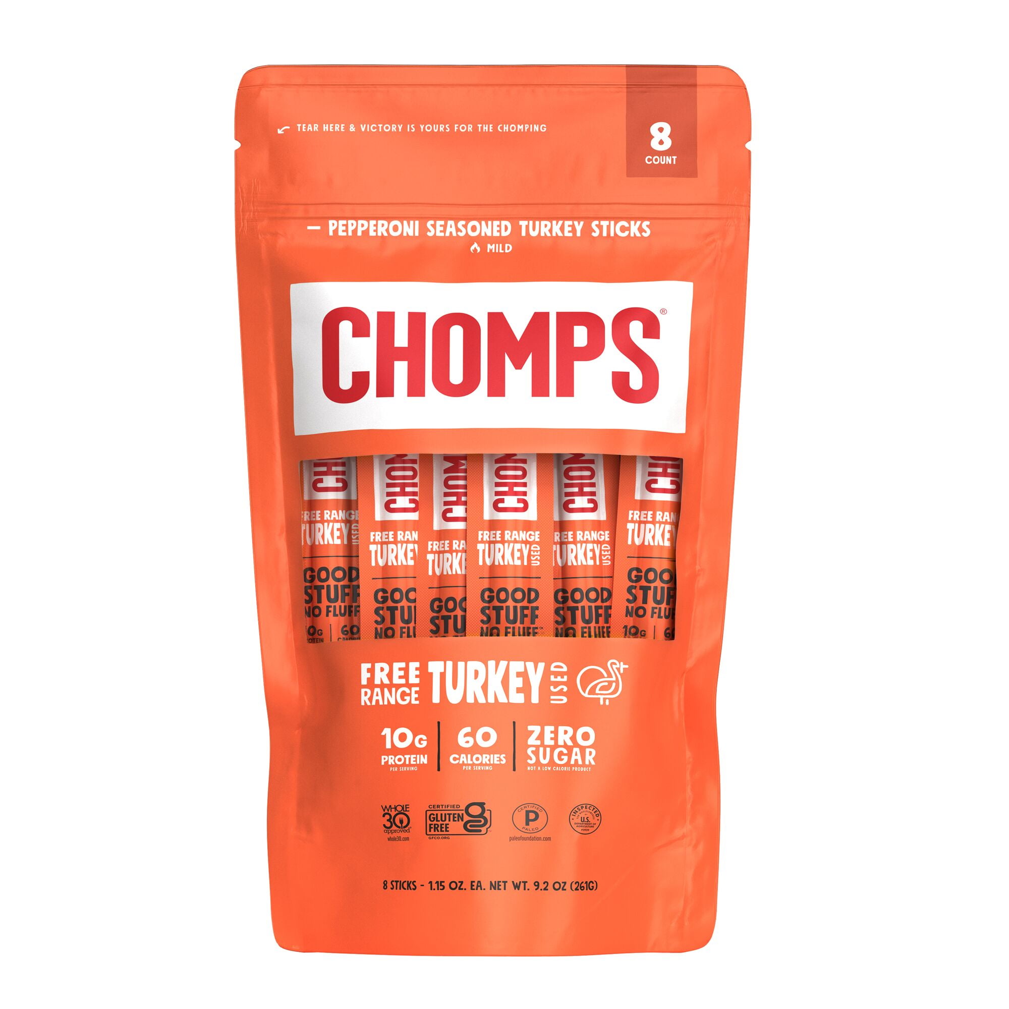 Chomps Free Range Turkey Pepperoni Jerky Sticks, Gluten Free Snack, 10g