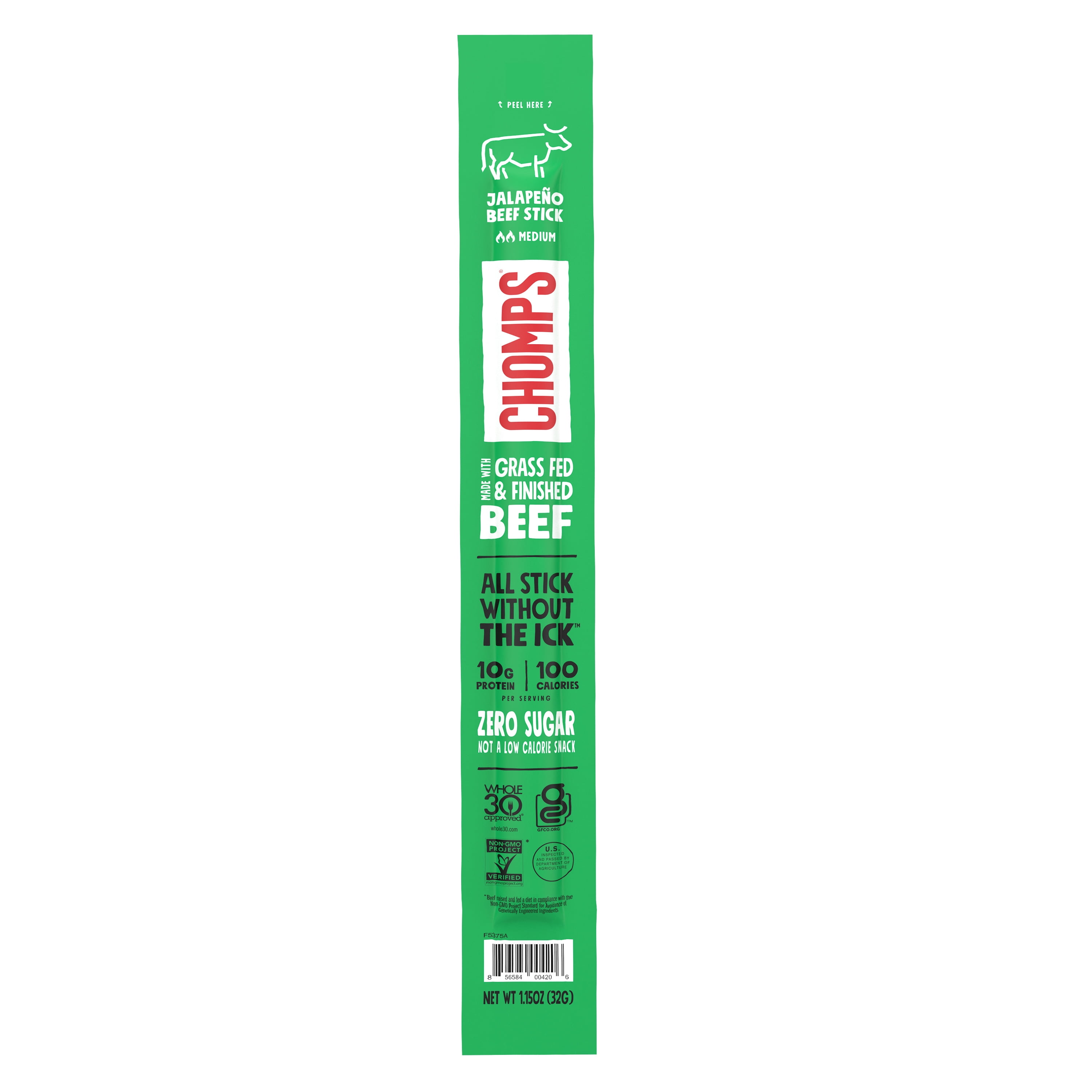 Chomps Grass-Fed and Finished Jalapeo Beef Meat Snack, 1.15oz Stick