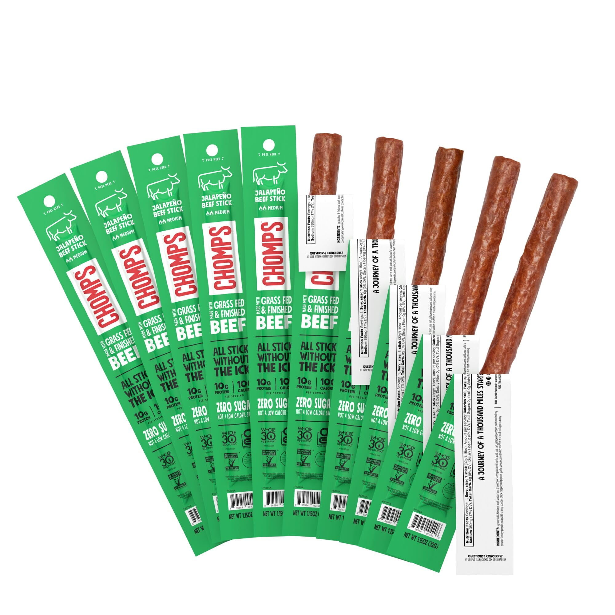Chomps GrassFed and Finished AIF4 Jalapeño Beef Jerky Snack Sticks 10Pack Keto, Paleo