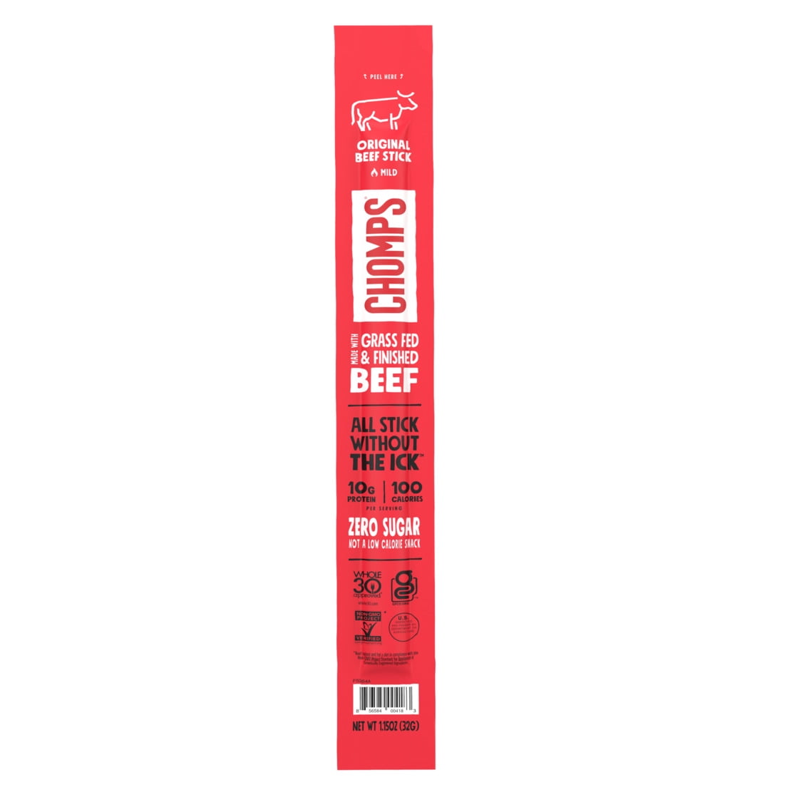 Chomps Grass-Fed & Finished Original Beef Stick, 10g of Protein, Certified Gluten Free and Free From Top 9 Allergens