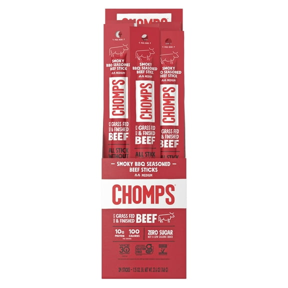 Chomps Grass-Fed and Finished Smoky BBQ Seasoned Beef Jerky 1.15 oz Snack Sticks 24-Pack - Keto, Paleo, Whole30, 10g Lean Meat Protein, Gluten-Free, Zero Sugar Food, Non-GMO