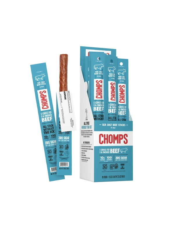 Chomps Grass-Fed Sea Salt Beef Jerky Snack Sticks, Keto, Whole30,Gluten Free,Sugar Free,24ct 1.15oz