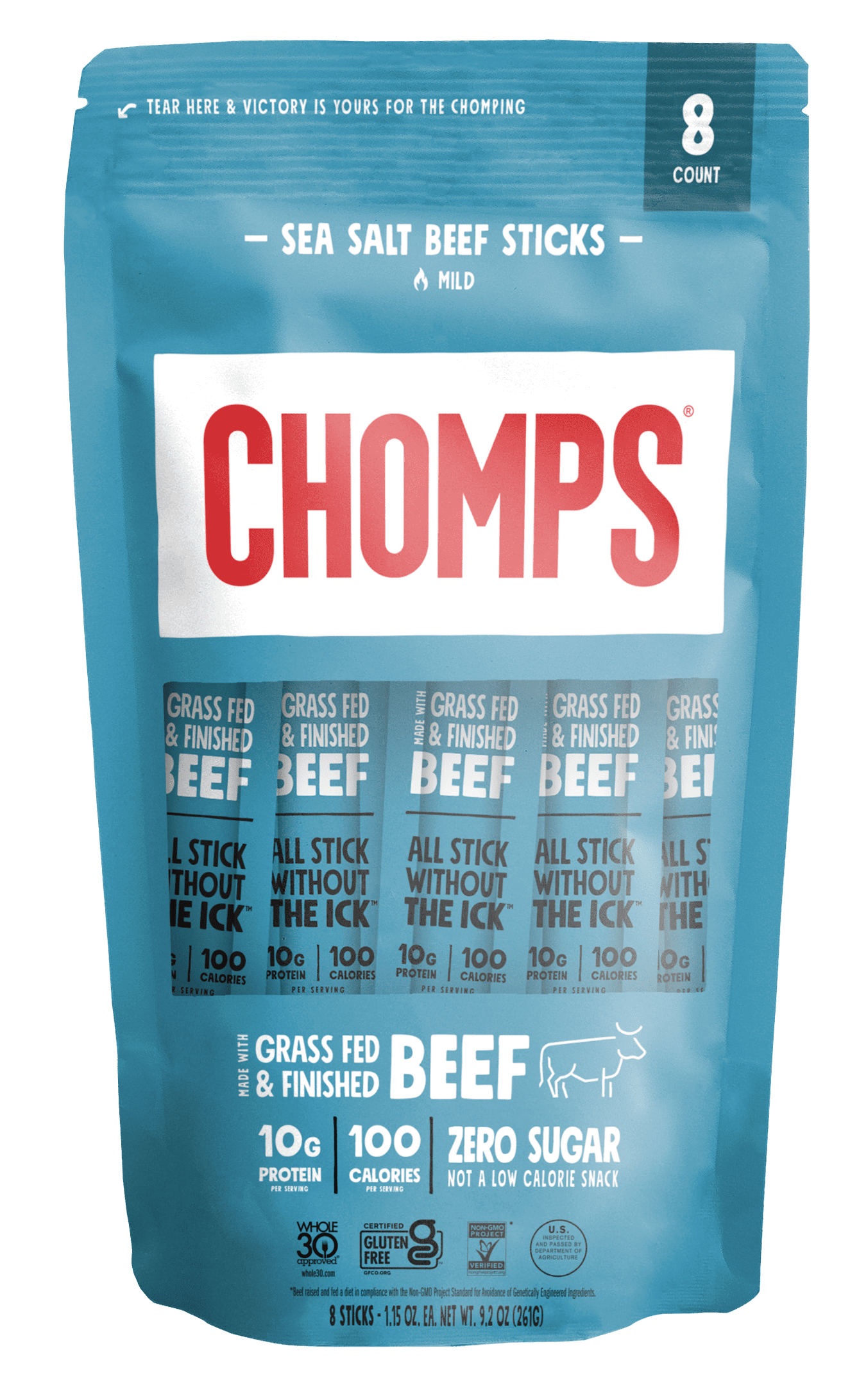 Chomps Grass-Fed and Finished Sea Salt Beef Meat Sticks, 10g of Protein, Certified Gluten Free and Free From the Top 9 Allergens (8 Ct)
