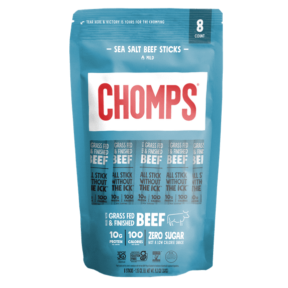 Chomps Grass-Fed and Finished Sea Salt Beef Meat Sticks, 10g of Protein, Certified Gluten Free and Free From the Top 9 Allergens (8 Ct)