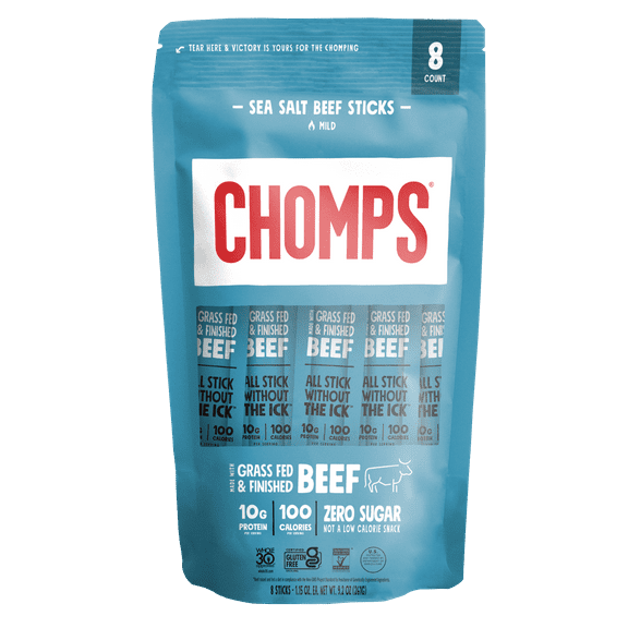 Chomps Grass-Fed and Finished Sea Salt Beef Meat Sticks, 10g of Protein, Certified Gluten Free and Free From the Top 9 Allergens (8 Ct)
