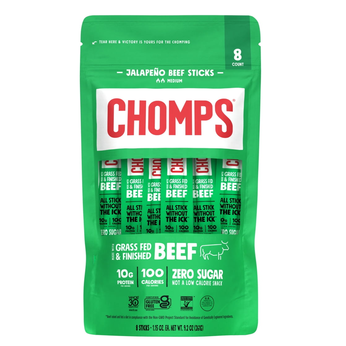 Chomps Grass-Fed and Finished Jalapeo Beef Jerky Meat Sticks, 10g of Protein (8 Count), Certified Gluten Free and Free From Top 9 Allergens
