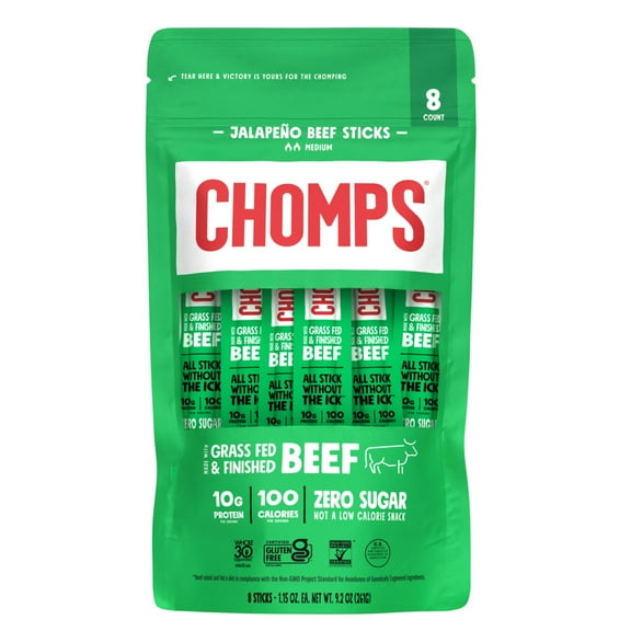 Chomps Grass-Fed and Finished Jalapeño Beef Jerky Snack Sticks, 10g of Protein (8 Count)