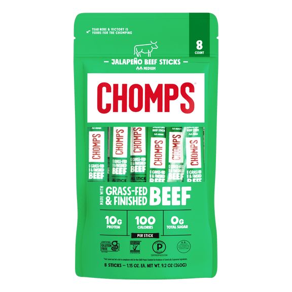 Chomps Grass-Fed And Finished Jalapeño Beef Jerky Snack Sticks (8 Count)