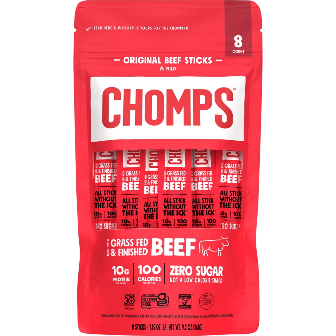 Chomps Grass-Fed and Finished Original Beef Jerky Meat Snack, 10g of Protein, Certified Gluten Free and Free From Top 9 Allergens