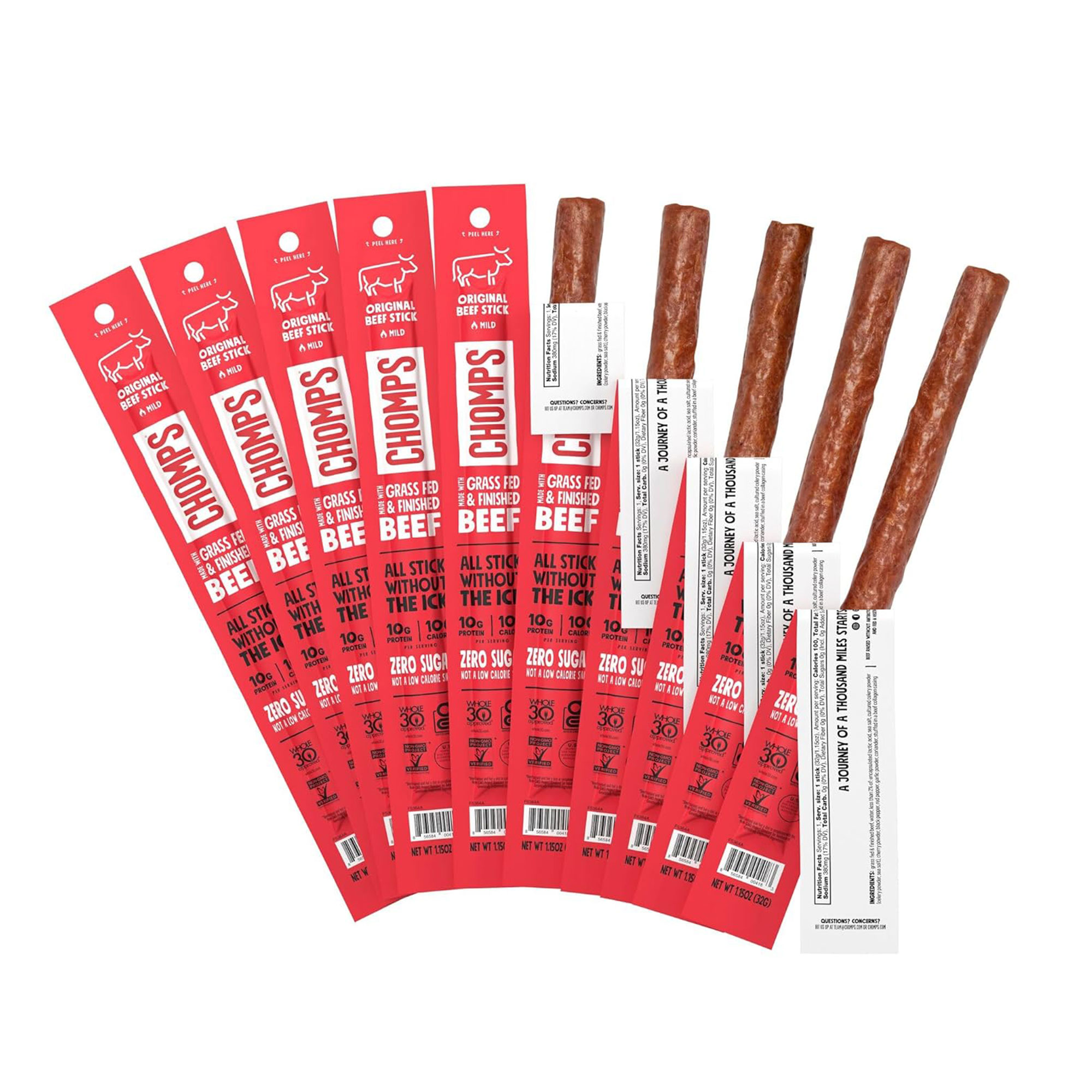 Chomps GrassFed and Finished Original Beef Jerky Snack Sticks, 1.15 Oz, Pack Of 10