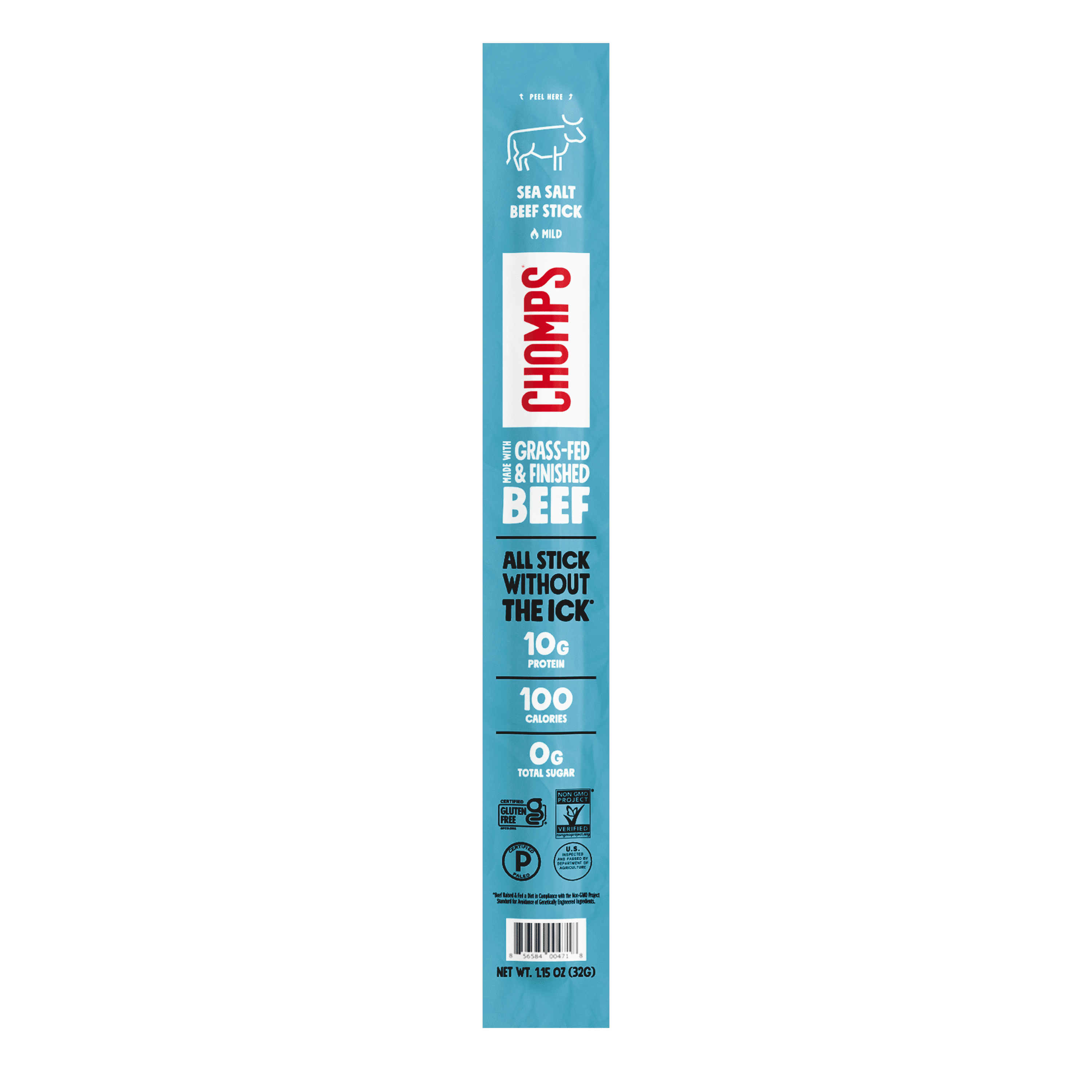Chomps Grass-Fed and Finished Sea Salt Beef Jerky Meat Snack, 1.15oz Stick