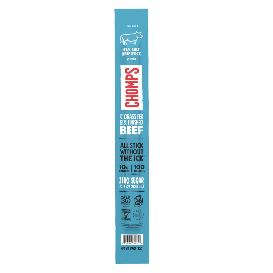 Chomps Grass-Fed and Finished Sea Salt Beef Jerky Meat Stick, 10g of Protein, Certified Gluten Free and Free From Top 9 Allergens