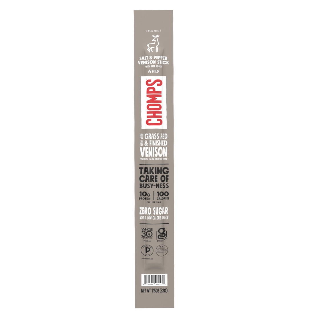 Chomps Grass-Fed and Finished Sea Salt & Pepper Venison Jerky Meat Stick, 10g of Protein, Certified Gluten Free and Free From Top 9 Allergens