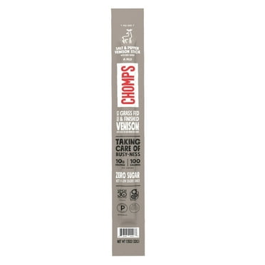 Chomps Grass-Fed and Finished Sea Salt & Pepper Venison Jerky Meat Stick, 10g of Protein, Certified Gluten Free and Free From Top 9 Allergens