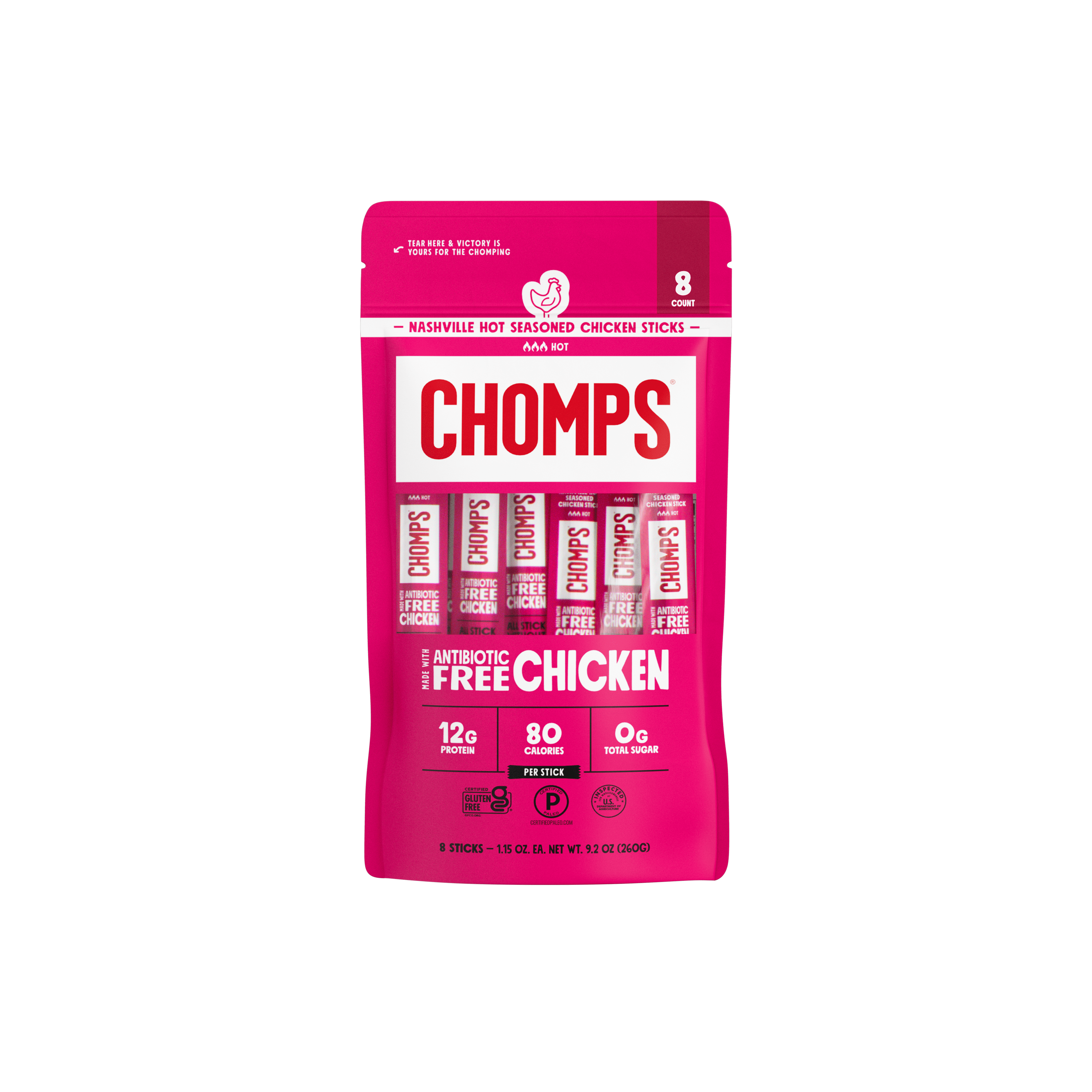 Chomps Antibiotic Free Nashville Hot Chicken Sticks (8 Count)