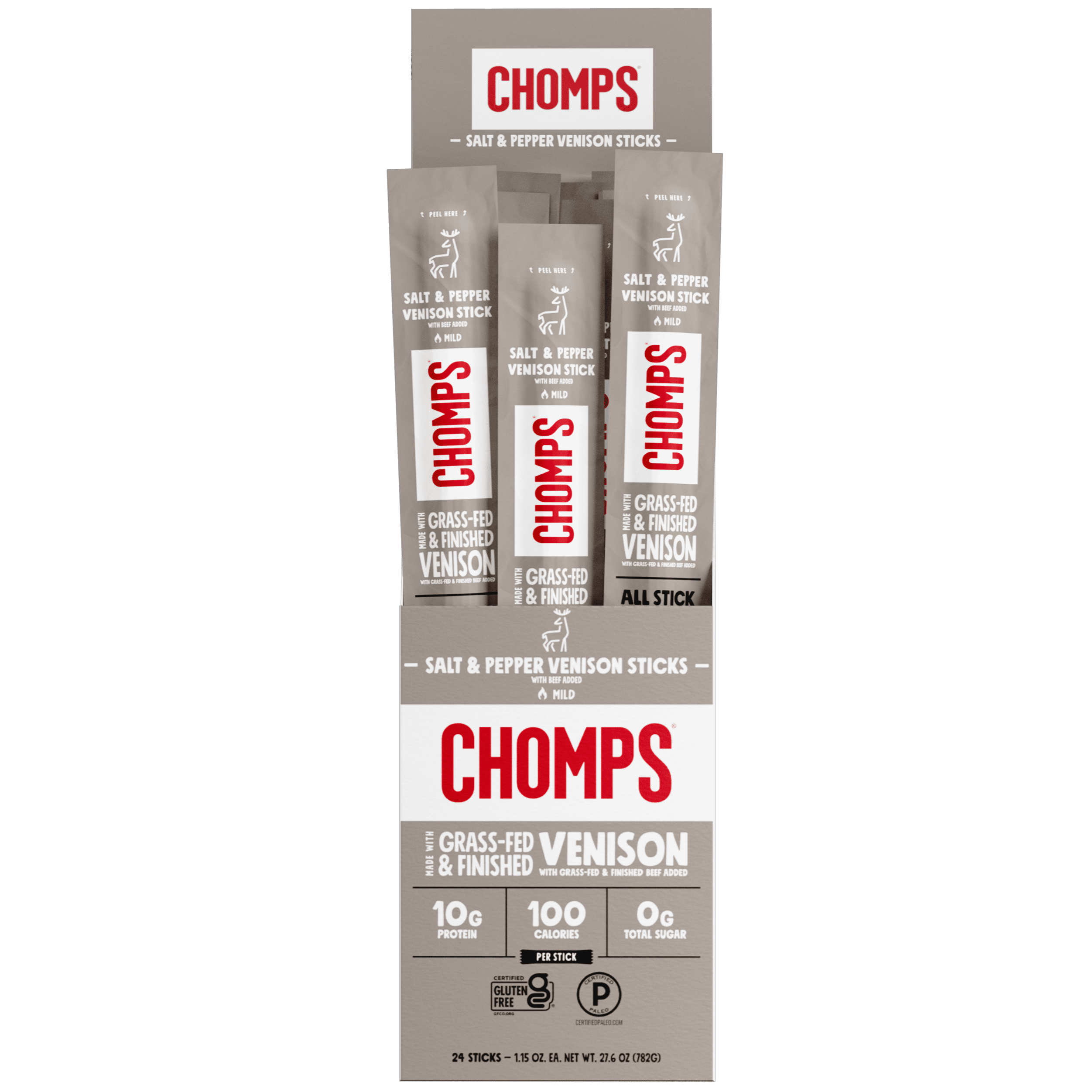 Chomps Sea Salt & Black Pepper Venison Jerky Snack Sticks, 10g of Protein