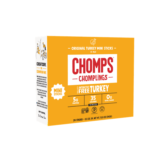 Chomplings Antibiotic Free Original Turkey Mini Jerky Snack Sticks, 5g of Protein (24 Count)