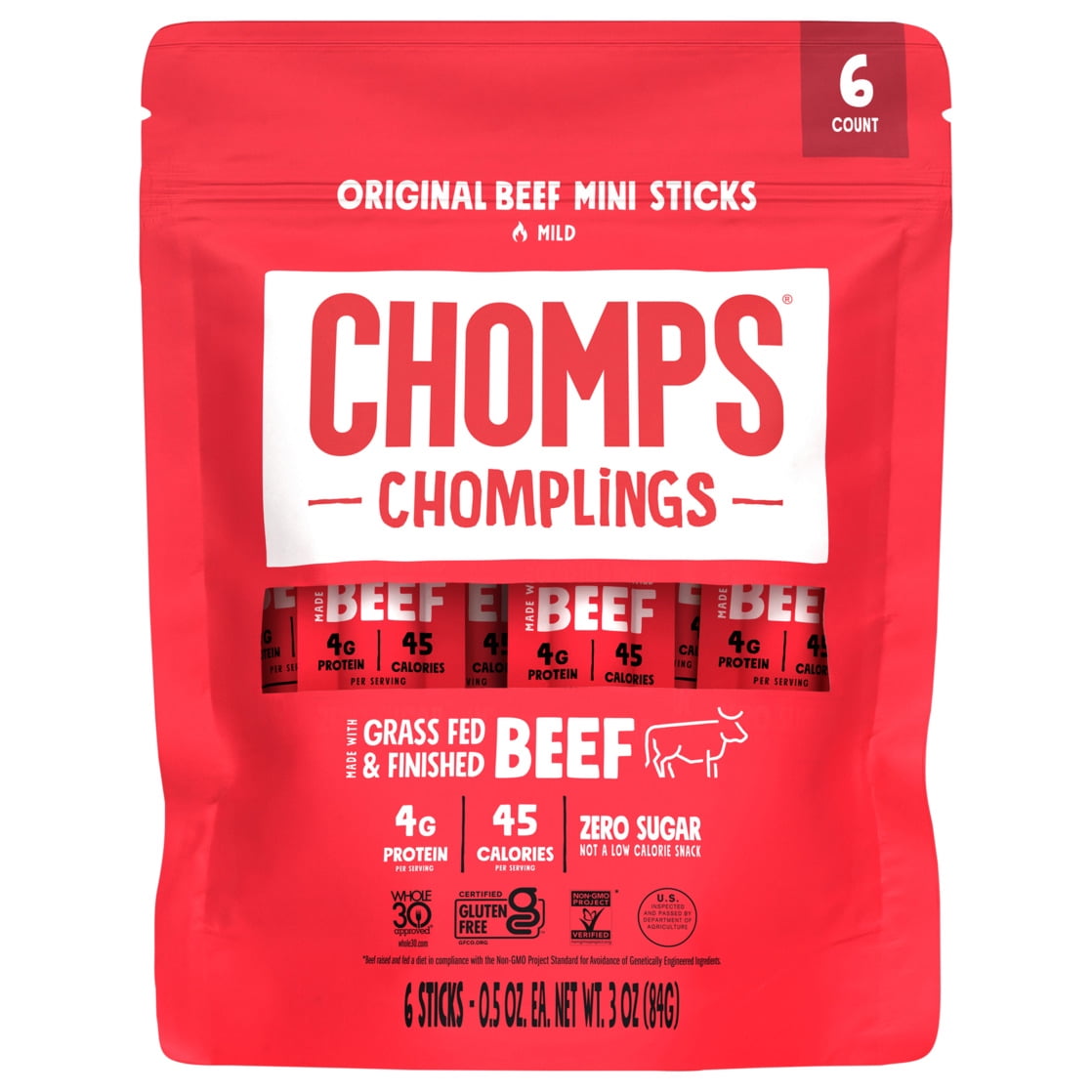 Chomplings Original Beef Mini Jerky Meat Sticks, 4g of Protein (6 Count), Certified Gluten Free and Free From Top 9 Allergens