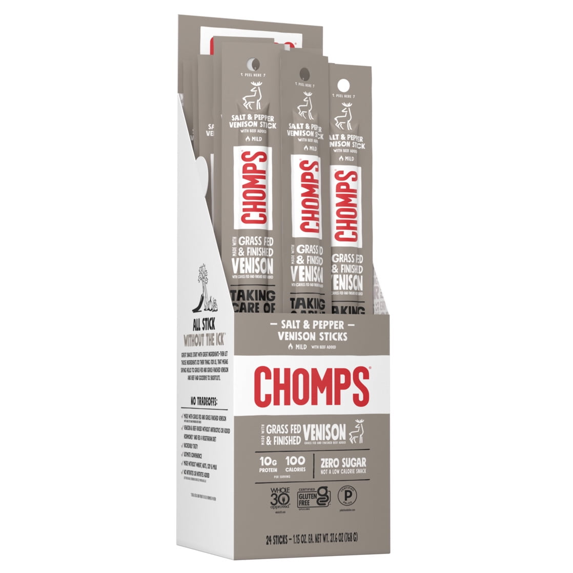 Chomps Sea Salt & Pepper Venison Jerky Snack Sticks, 10g of Protein (24 Count)