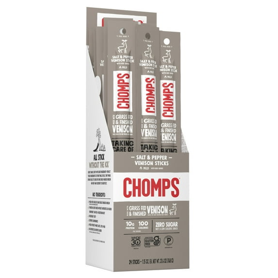 Chomps Sea Salt & Pepper Venison Jerky Snack Sticks, 10g of Protein (24 Count)