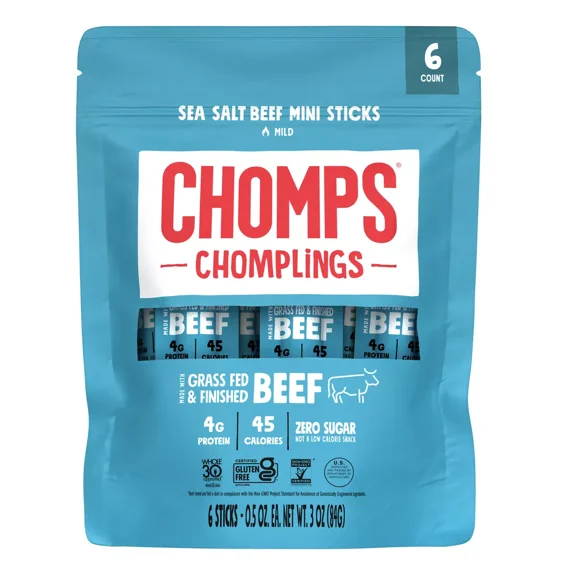 Chomplings Sea Salt Beef Mini Jerky Meat Sticks, 4g of Protein (6 Count)