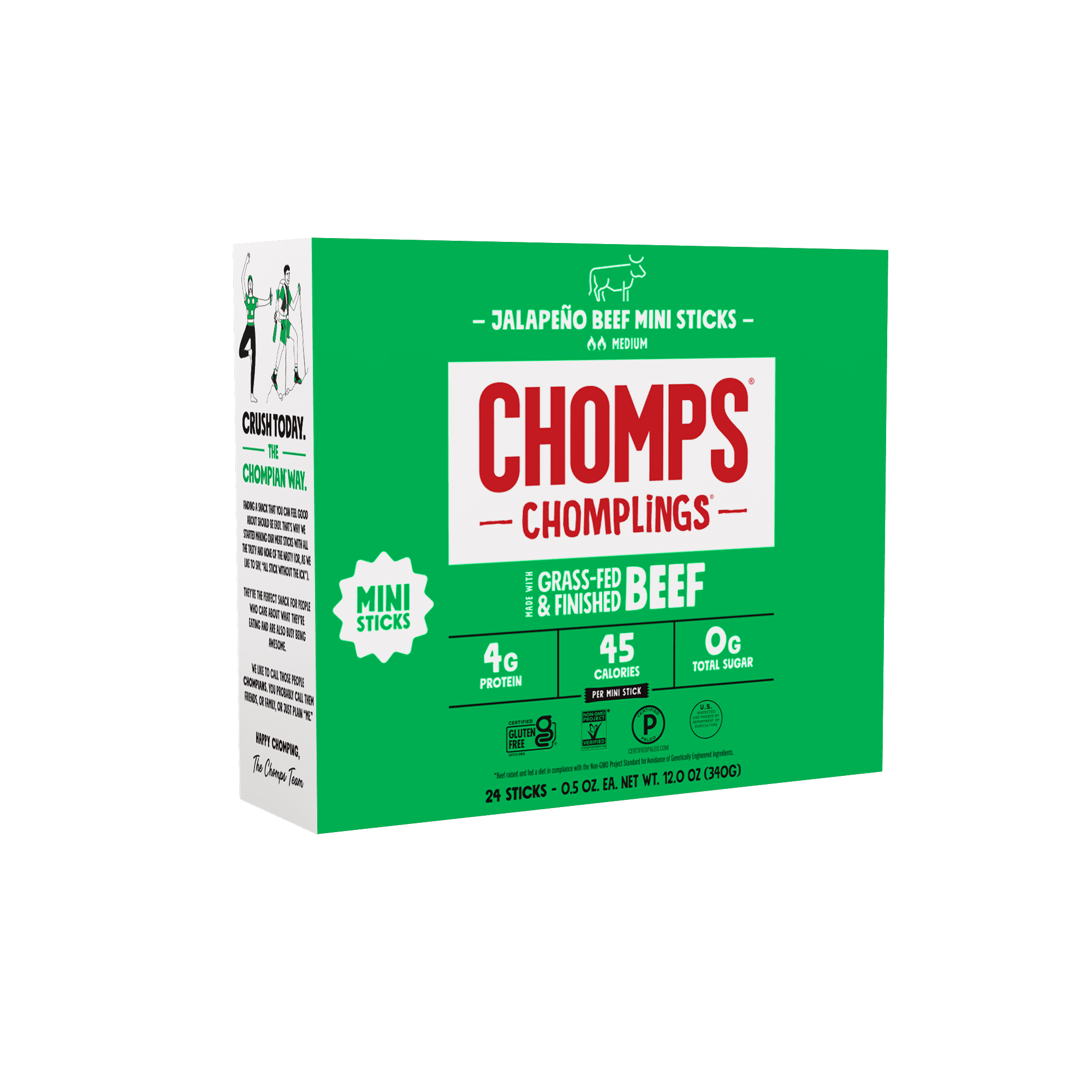 Chomplings Grass-Fed and Finished Jalapeno Beef Jerky Snack Sticks, 4g of Protein (24 Count)