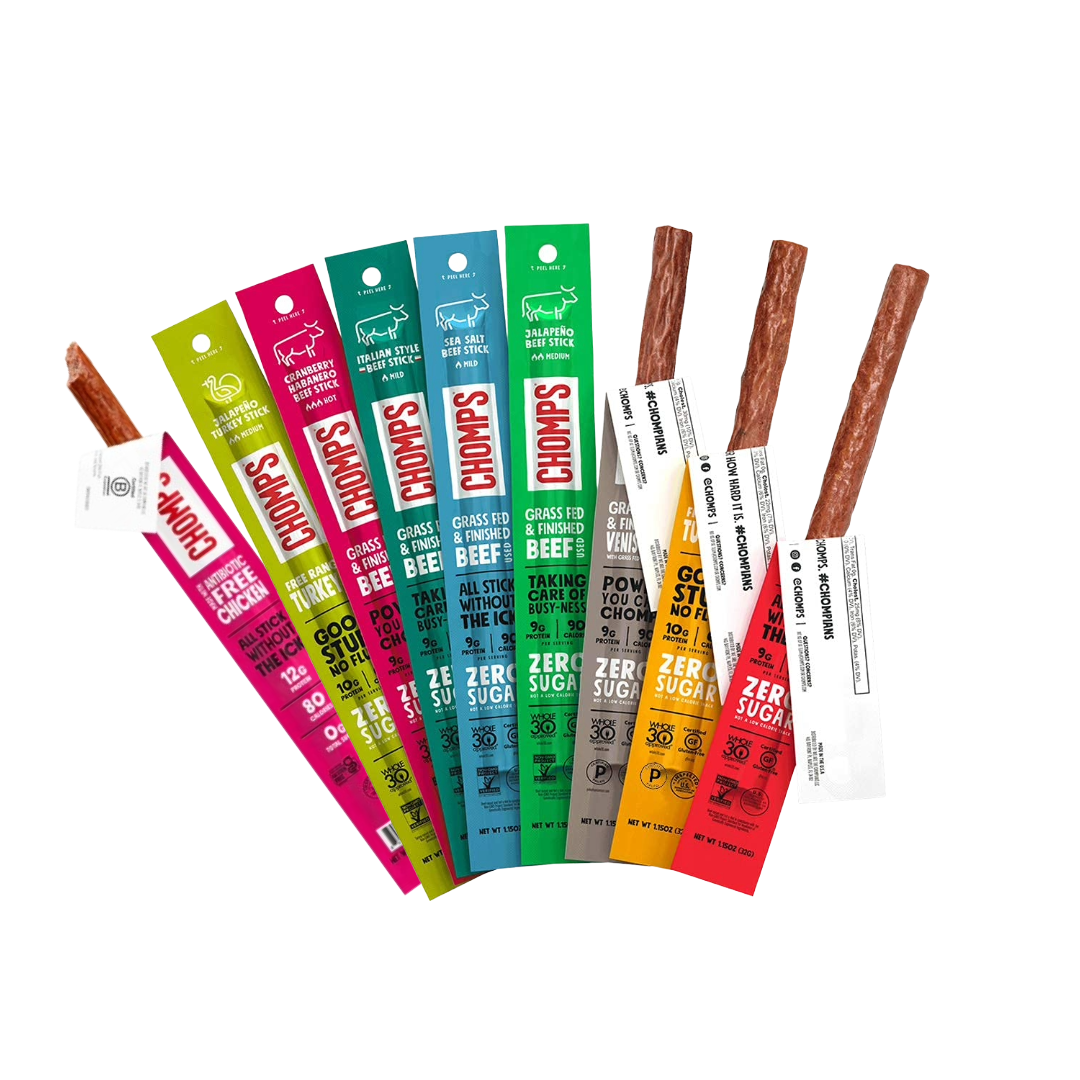 Chomps Variety Trial Pack, Grass Fed and Free Range Beef, chicken & Turkey Sticks, 8 Flavor Pack - Keto, Paleo, Whole30