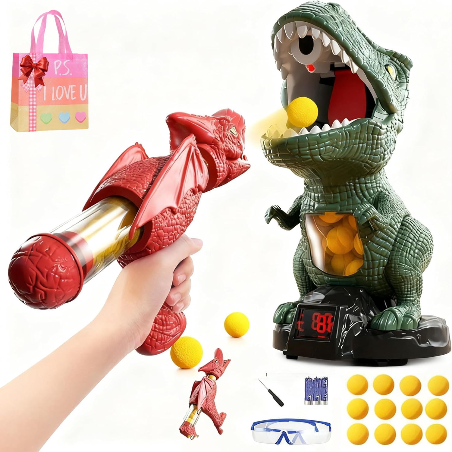 Chompshot Dinosaur, Dinosaur Shooting Blaster Toys, Movable Target Game with 2 Air Pump Launchers, LCD Score Record, Sound & 48 Foam Balls, Interactive Competition (A, 1Set)