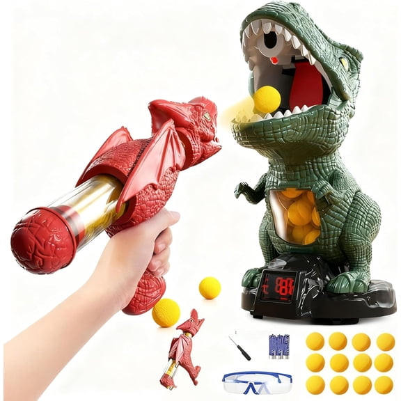Chompshot Dinosaur, Dinosaur Shooting Game, Movable Target Game with 2 Air Pump Launchers, Foam Ball Blaster, LCD Score Record, Sound, 12/48 Foam Ball (Dinosaur-1blaster)