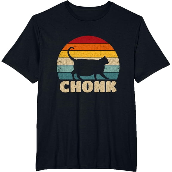 Chonk Clothing Distressed 70s Retro Style Funny Fat Cat Meme T-ShirtMen and women, Black T-shirt, size: Extra large