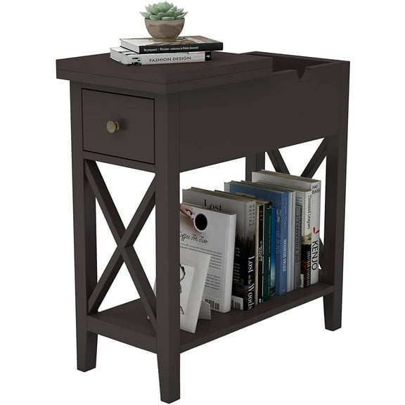 Choo Choo Flip Top Open End Table, Narrow Side Table Slim End Table for Living Room Bedroom, Espresso