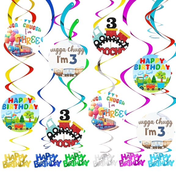Choo Choo I'm 3rd Train Party Decorations Hanging Swirl Sign Whirls Birthday Streamer Ceiling Decor Supplies 14 pcs